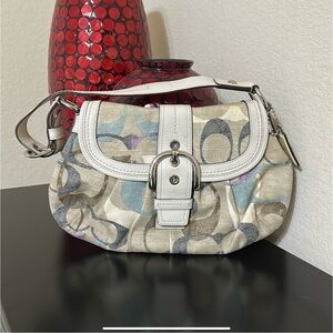 Coach Soho Optic Linen Leather Buckle Flap Hobo Bag EUC